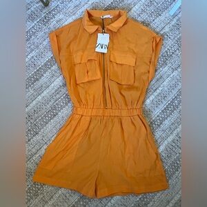 Zara Bright Orange Utility Romper with Collar NWT